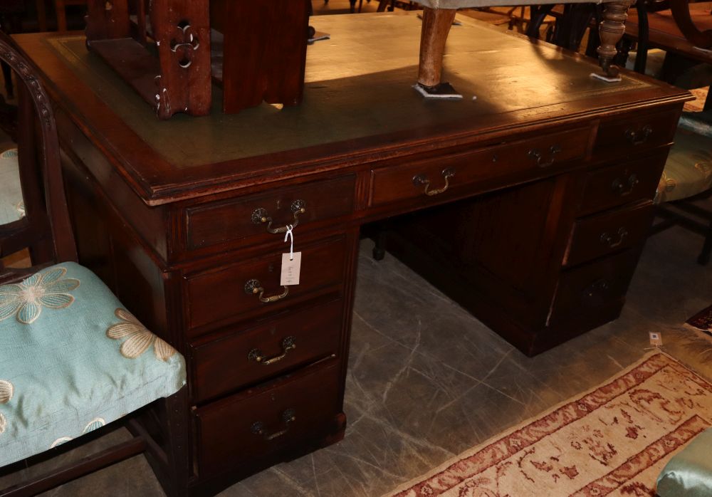 A 1920s Georgian design mahogany pedestal partners desk, W.152cm, D.107cm, H.76cm